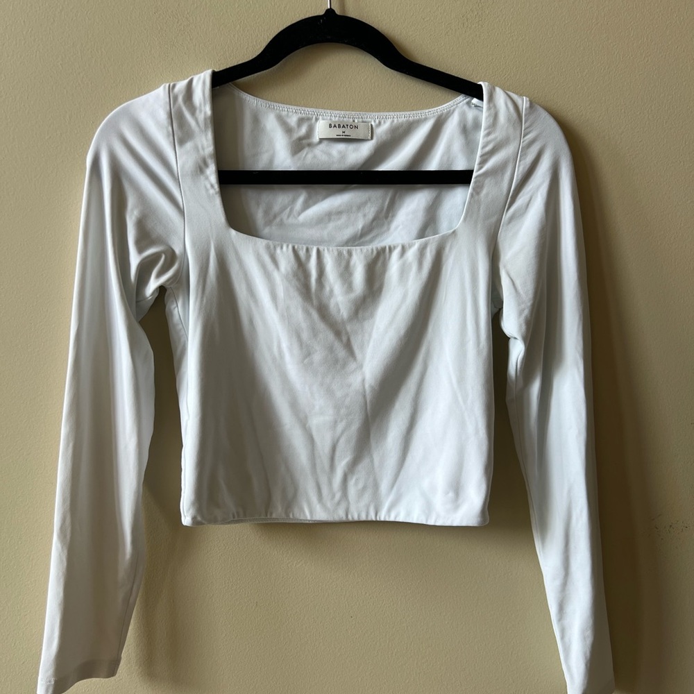 Babaton Gray and White Fitted Crop Blouse
